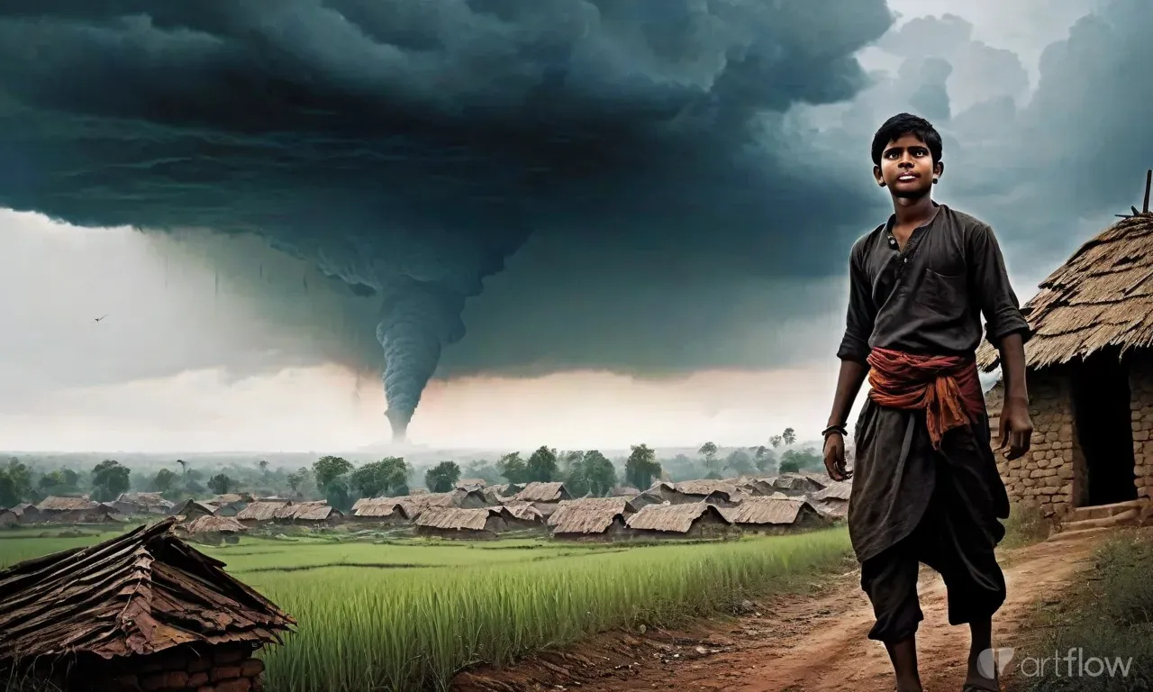 a man standing on a dirt road in front of a tornado