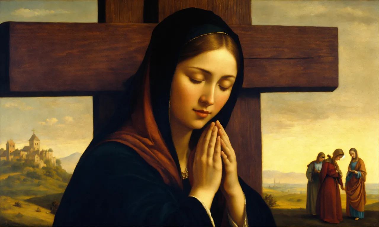 a painting of a woman praying in front of a cross