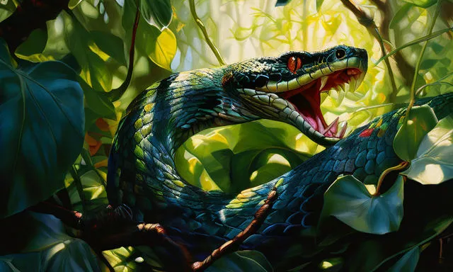 a painting of a snake on a tree branch