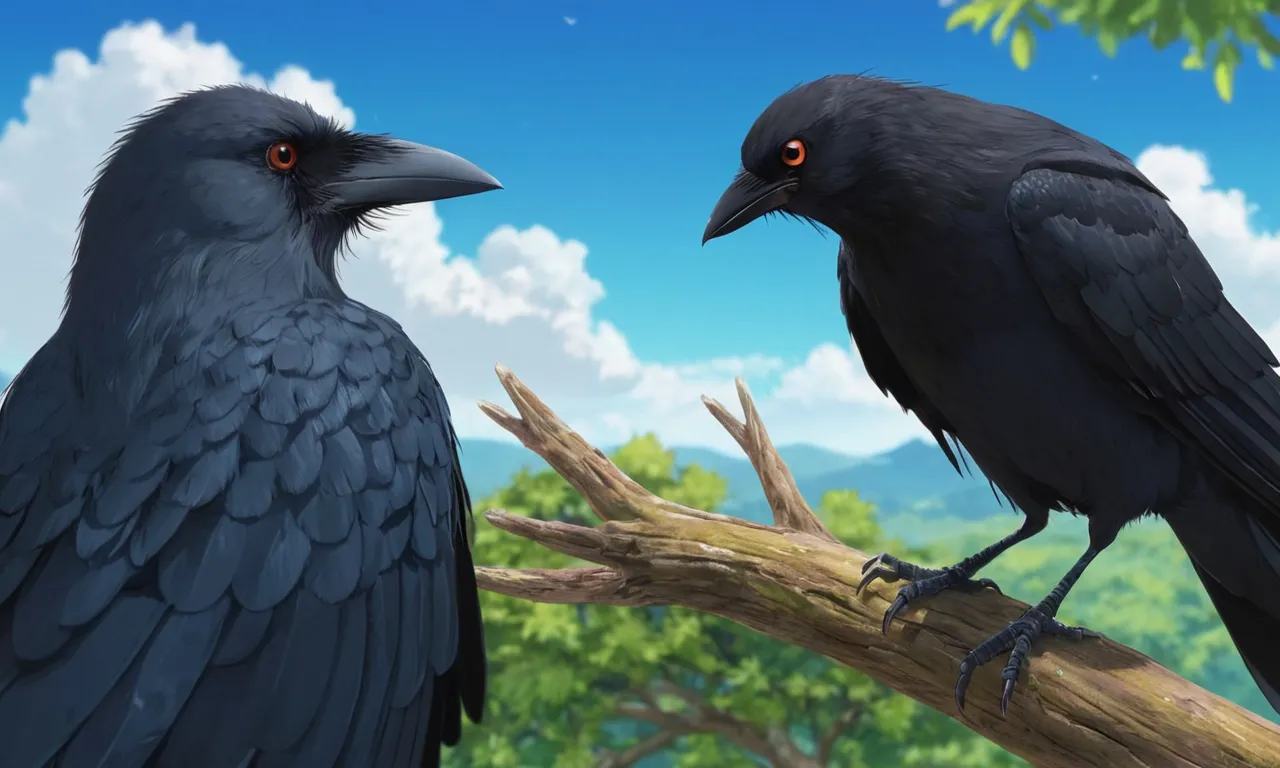 two black birds sitting on a tree branch