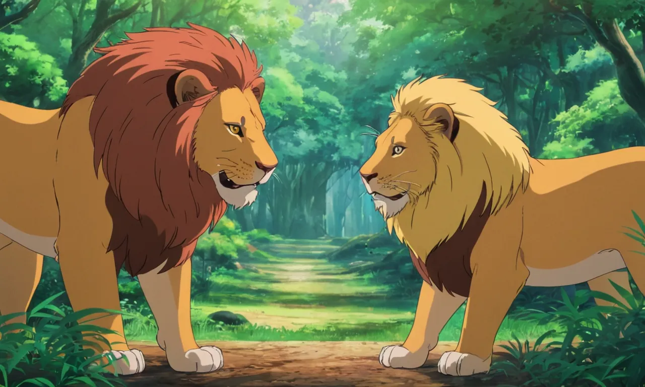 a couple of lions standing looking to each other