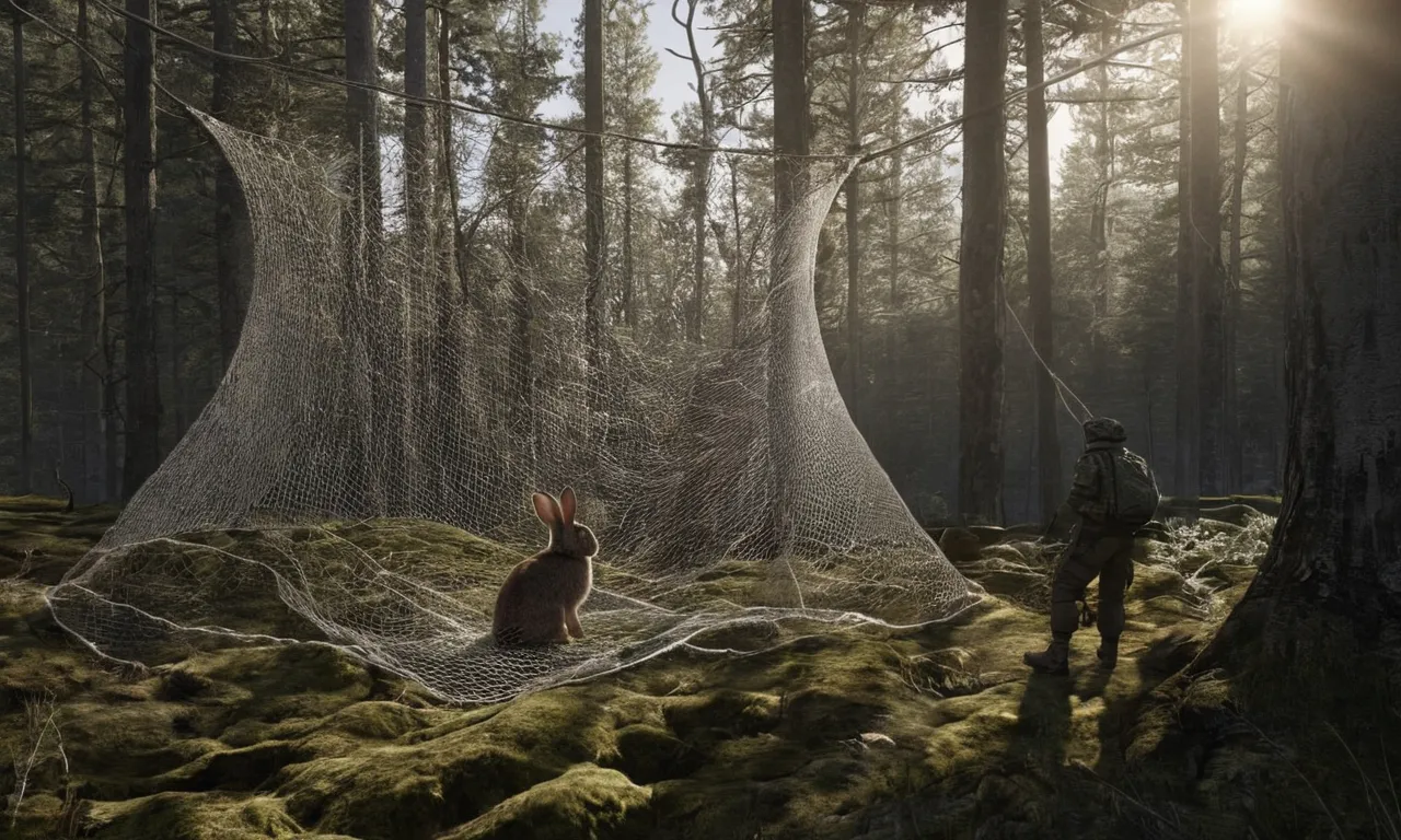 a man standing next to a net in a forest