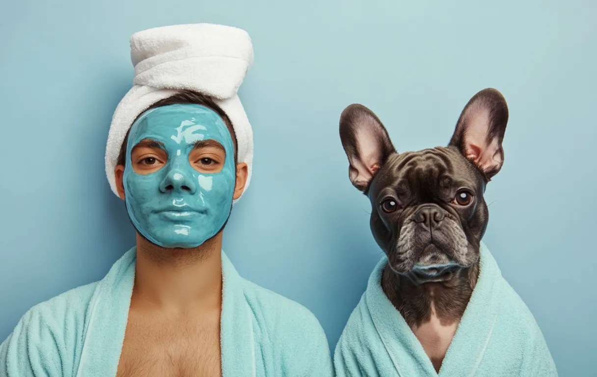 a man with a blue face mask and a dog with a towel on his head