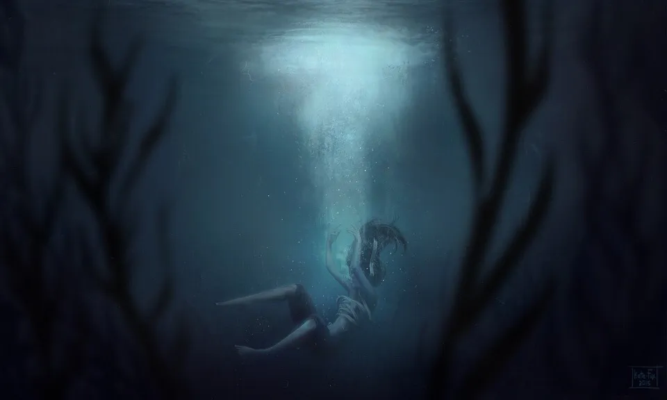 a painting of a woman swimming under water