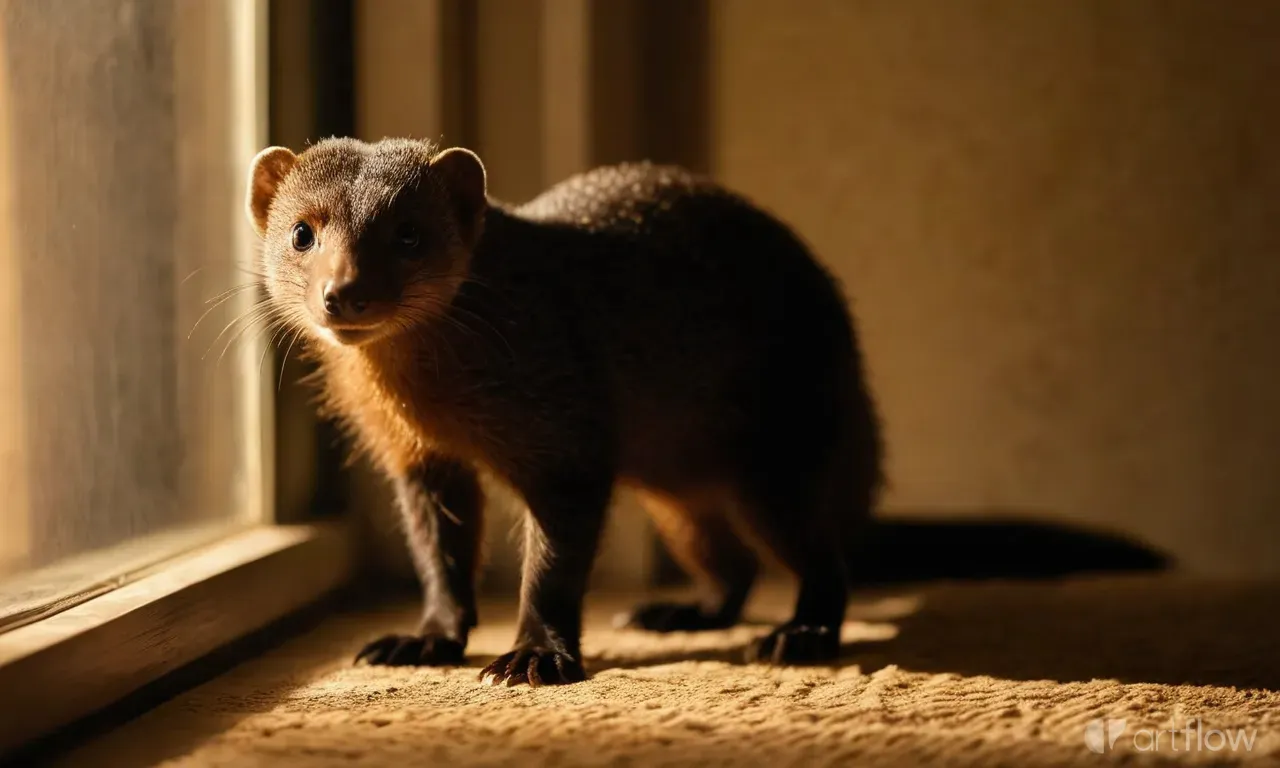 a close up of a small mongoose near a window