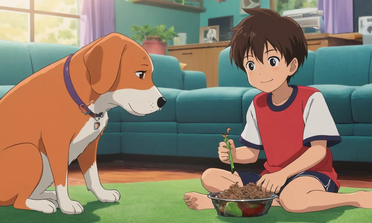 a boy sitting on the floor next to a dog