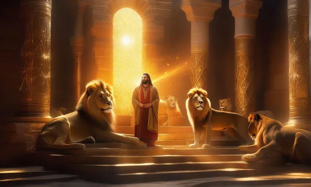 a painting of jesus surrounded by lions