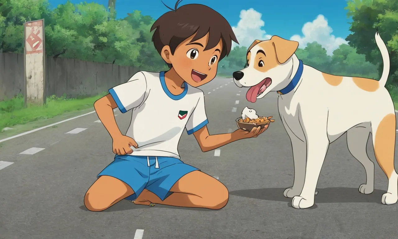 a boy feeding to a dog on a road