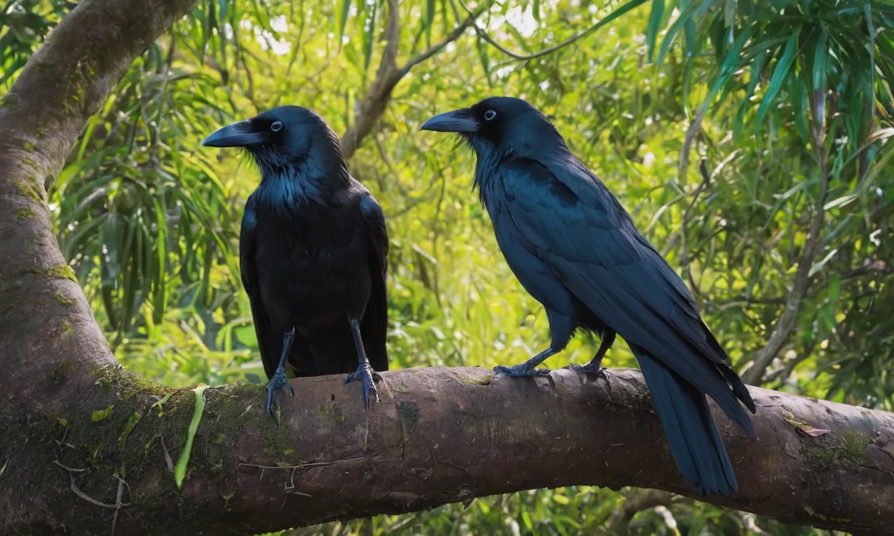 two black birds sitting on a tree branch