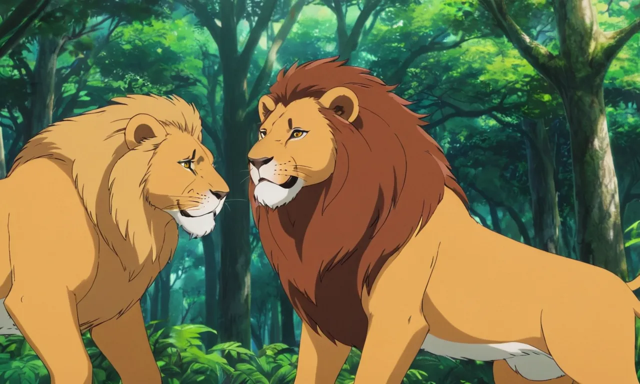 a couple of lions standing next to each other