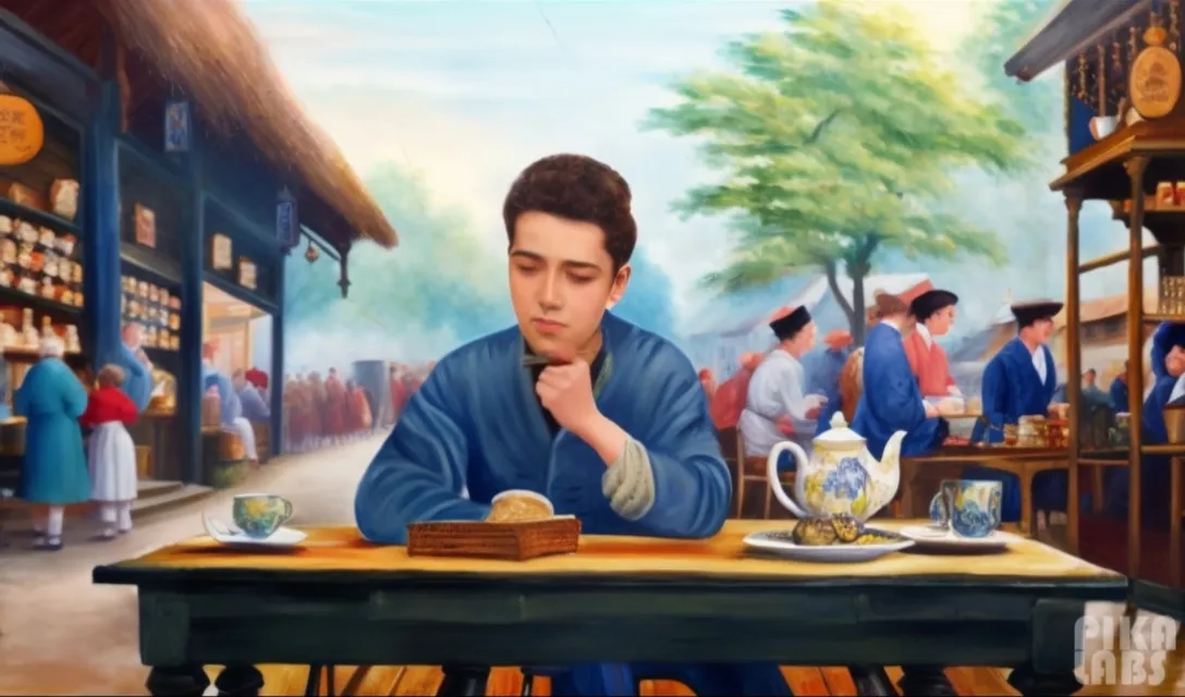 painting of a sweet-faced young man dressed in blue sitting in front of an old wooden table, a traditional tea shop that is busy with visitors.