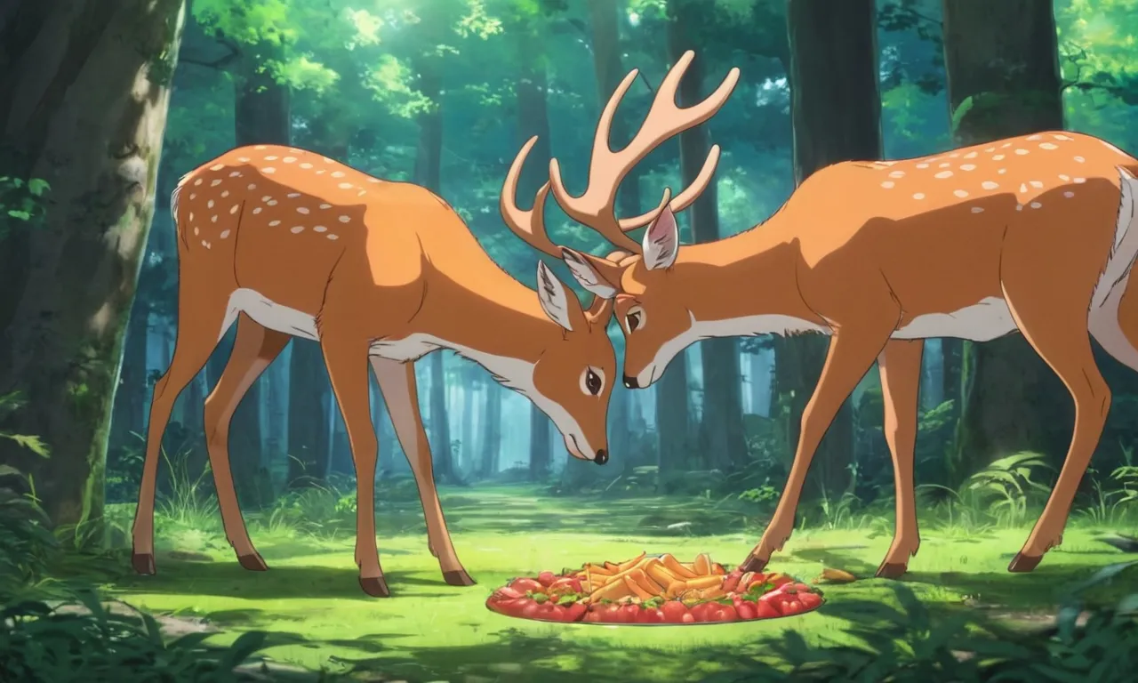 a couple of deer standing next to each other in a forest