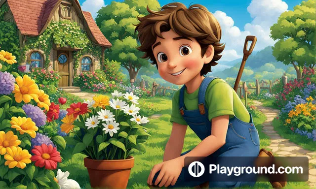 a boy in a garden with flowers and a house in the background