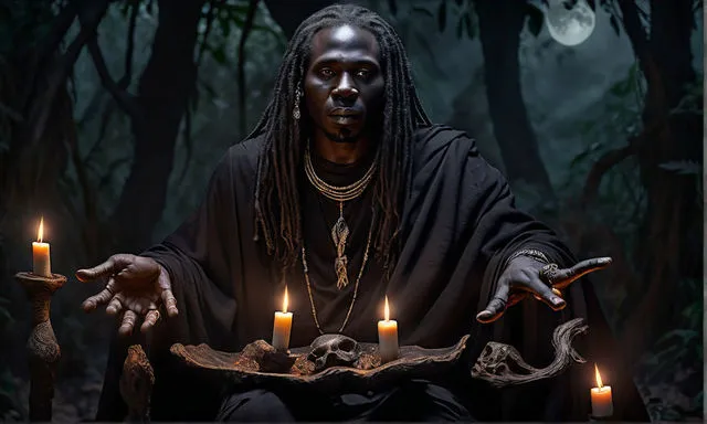 a man with dreadlocks holding a tray of candles