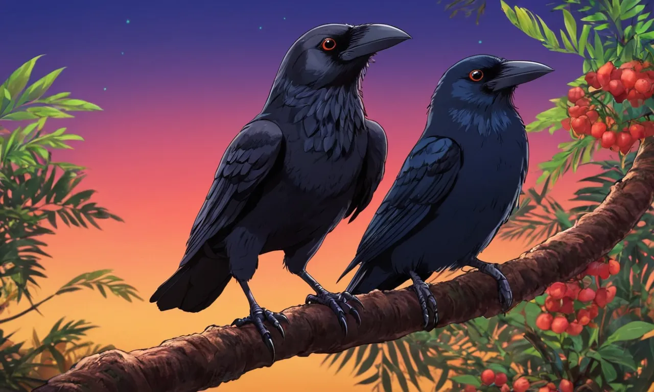 two black birds sitting on a branch of a tree