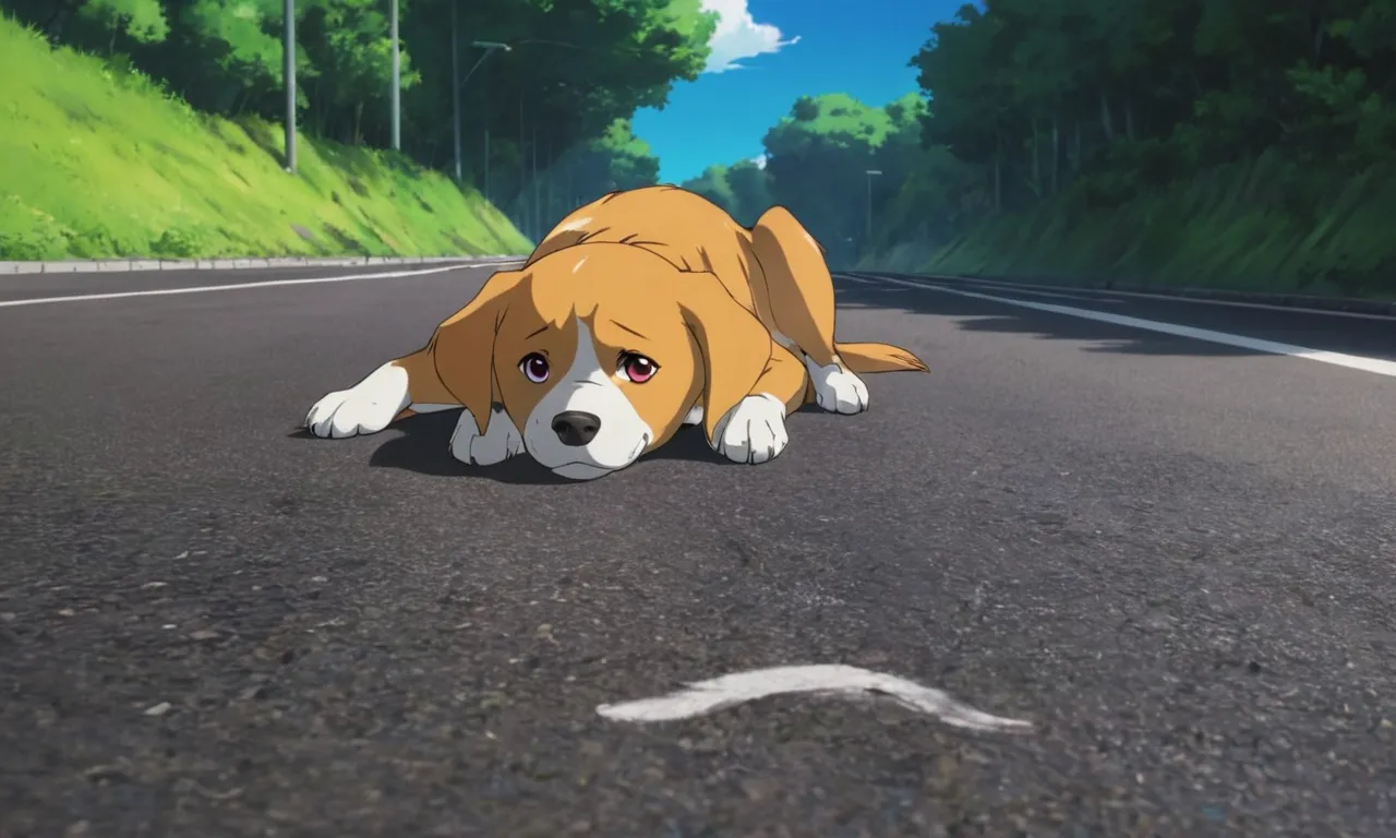 a brown and white dog laying on the side of a road