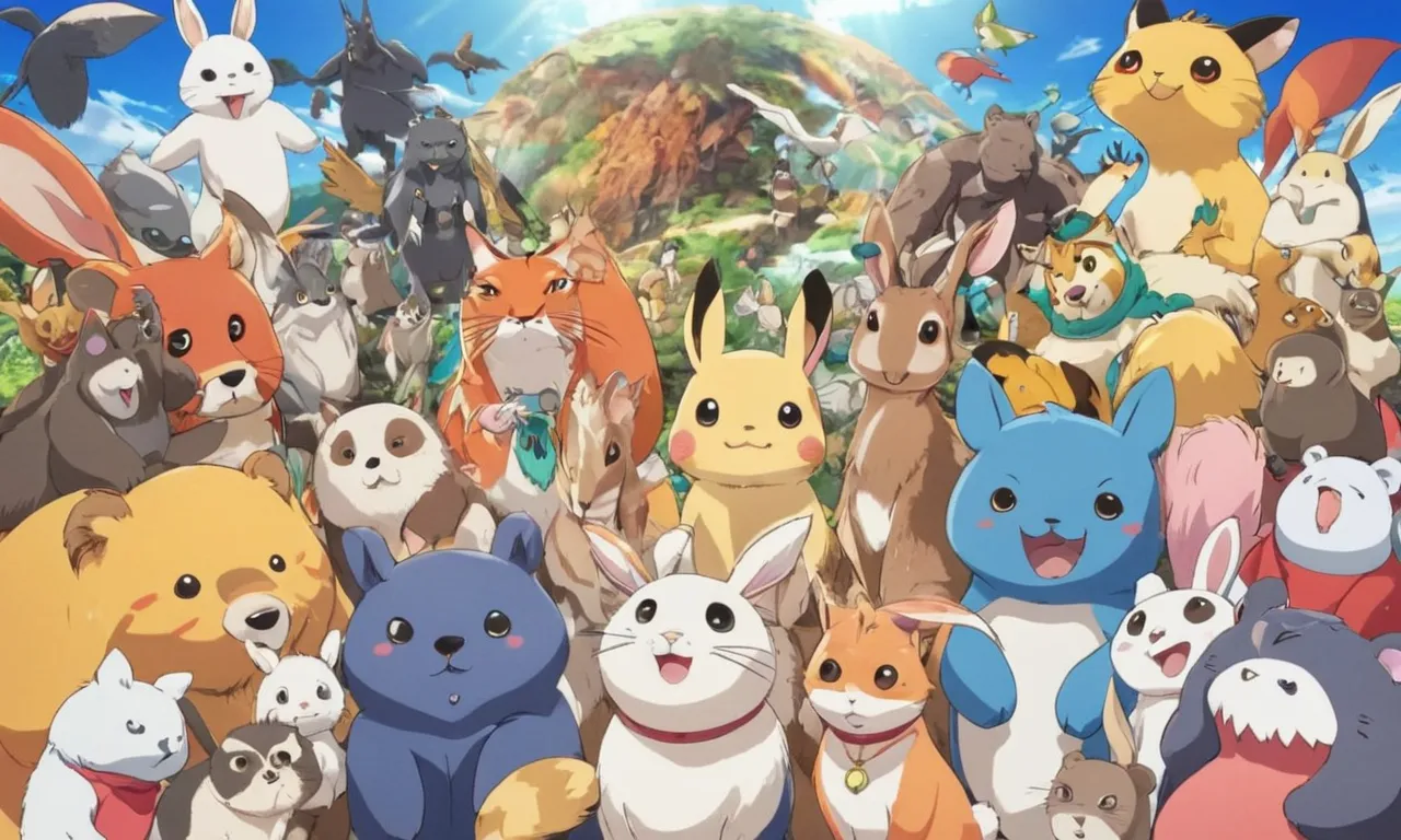 a large group of cartoon animals standing together