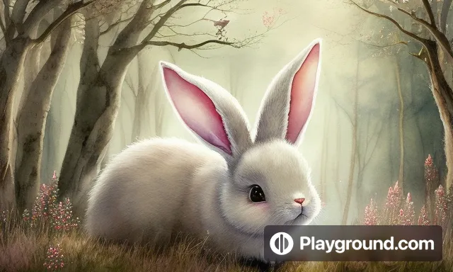 a painting of a white rabbit in a forest