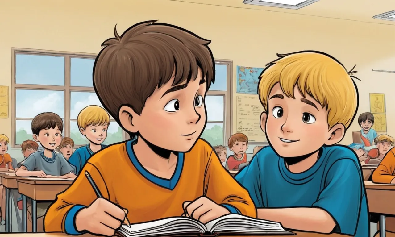 a boy and a boy sitting at a desk in a classroom