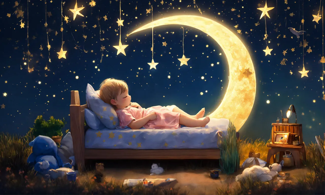 a little girl laying on a bed in the night