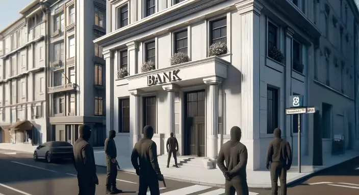 a group of people standing in front of a bank