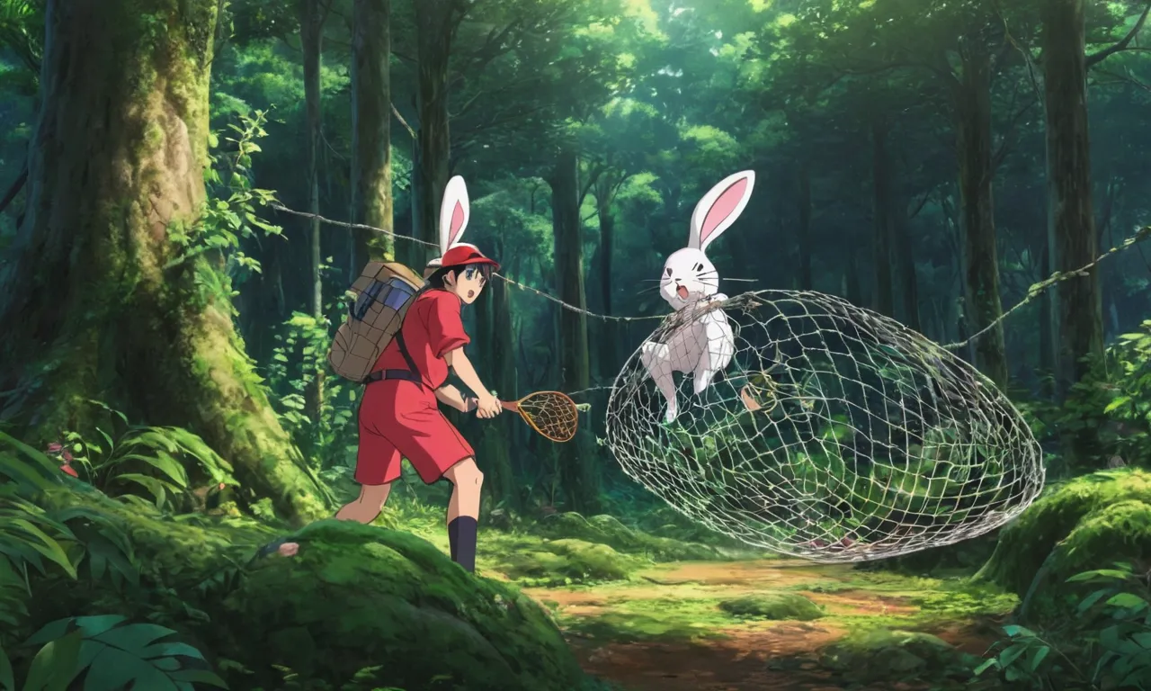 a man with a backpack and a rabbit in a forest