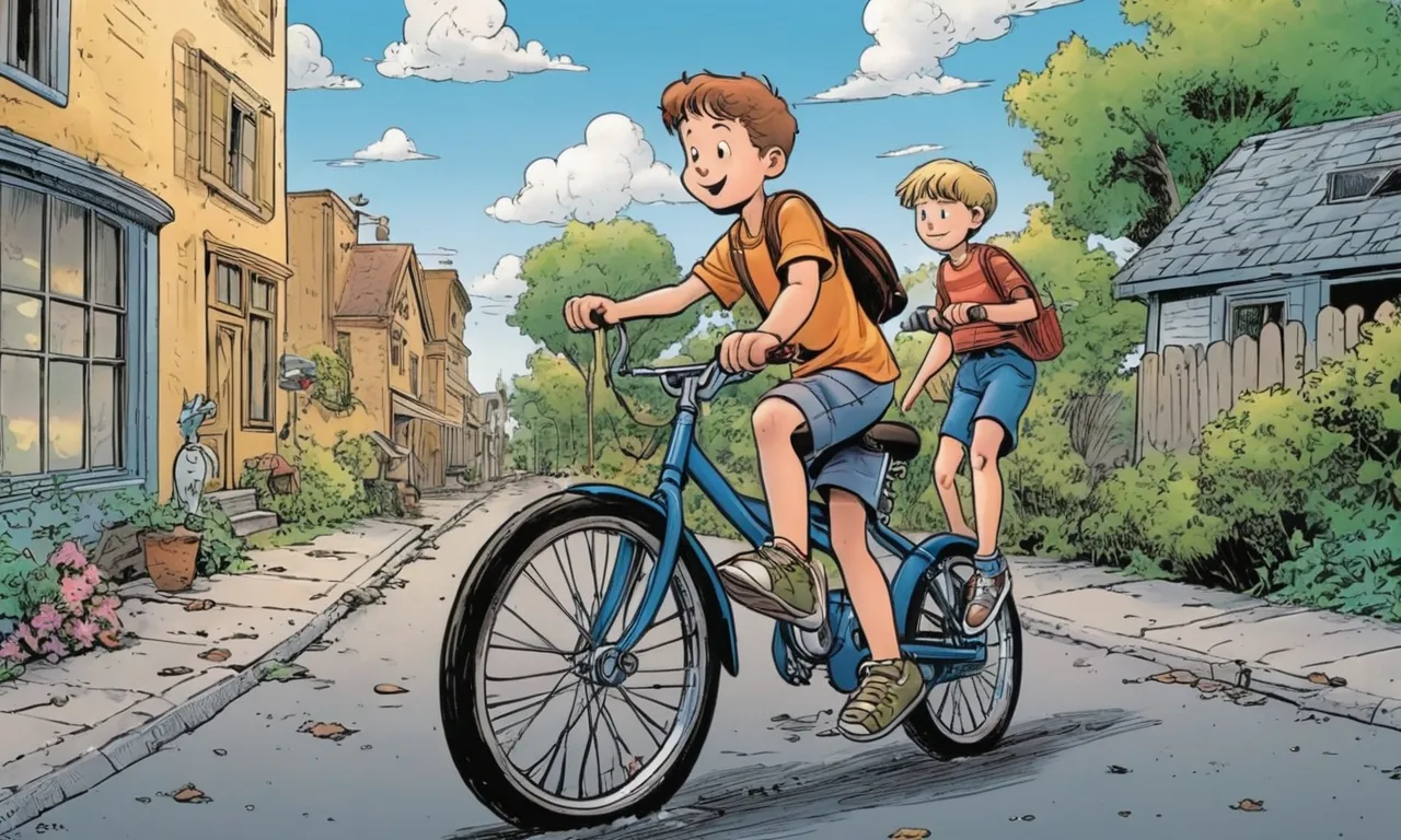 a boy and a boy riding a bike down a street