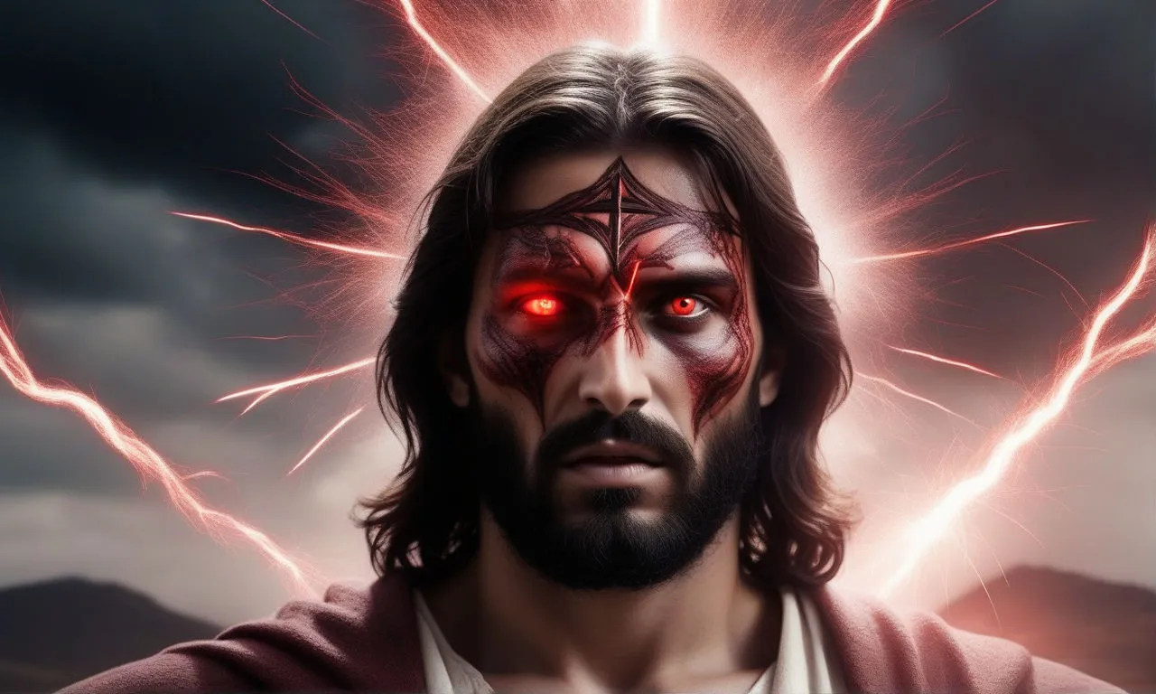 a man with red eyes and a cross on his face