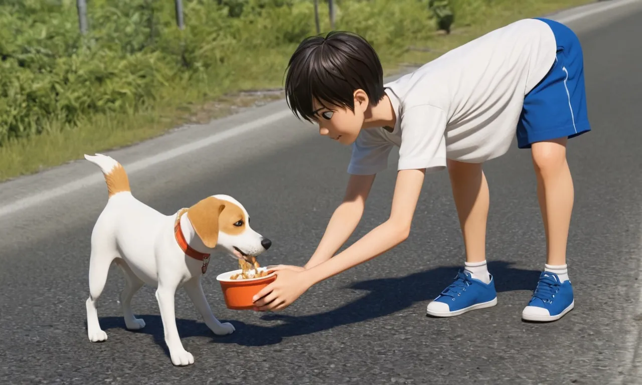 a young boy feeding a dog a bowl of food