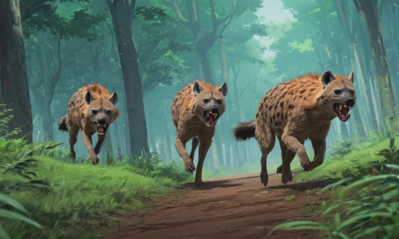 three hyenas are running in the forest