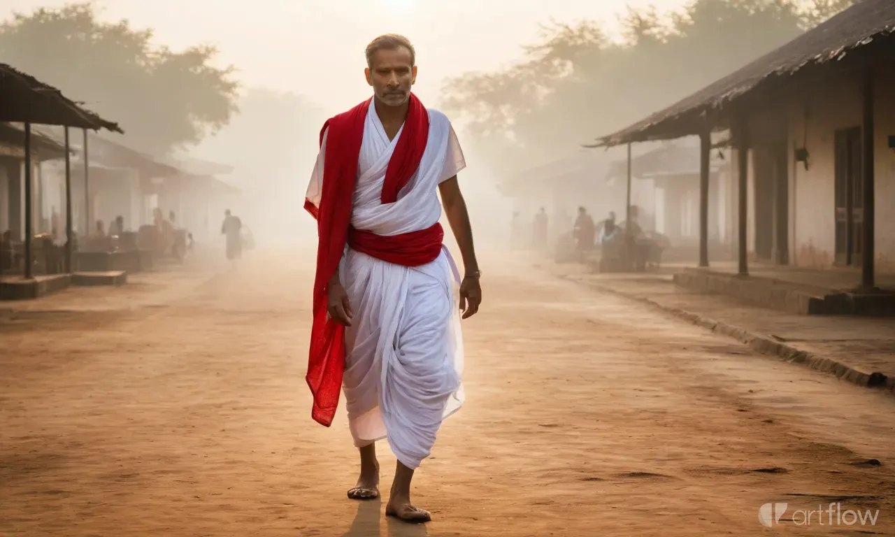 a solemn 45-year-old Brahmin priest is  dressed in a traditional white dhoti and a red dupatta draped over his shoulder. His face is marked by a profound religious expression,