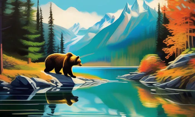 a painting of a bear walking across a lake 3d cartoon 