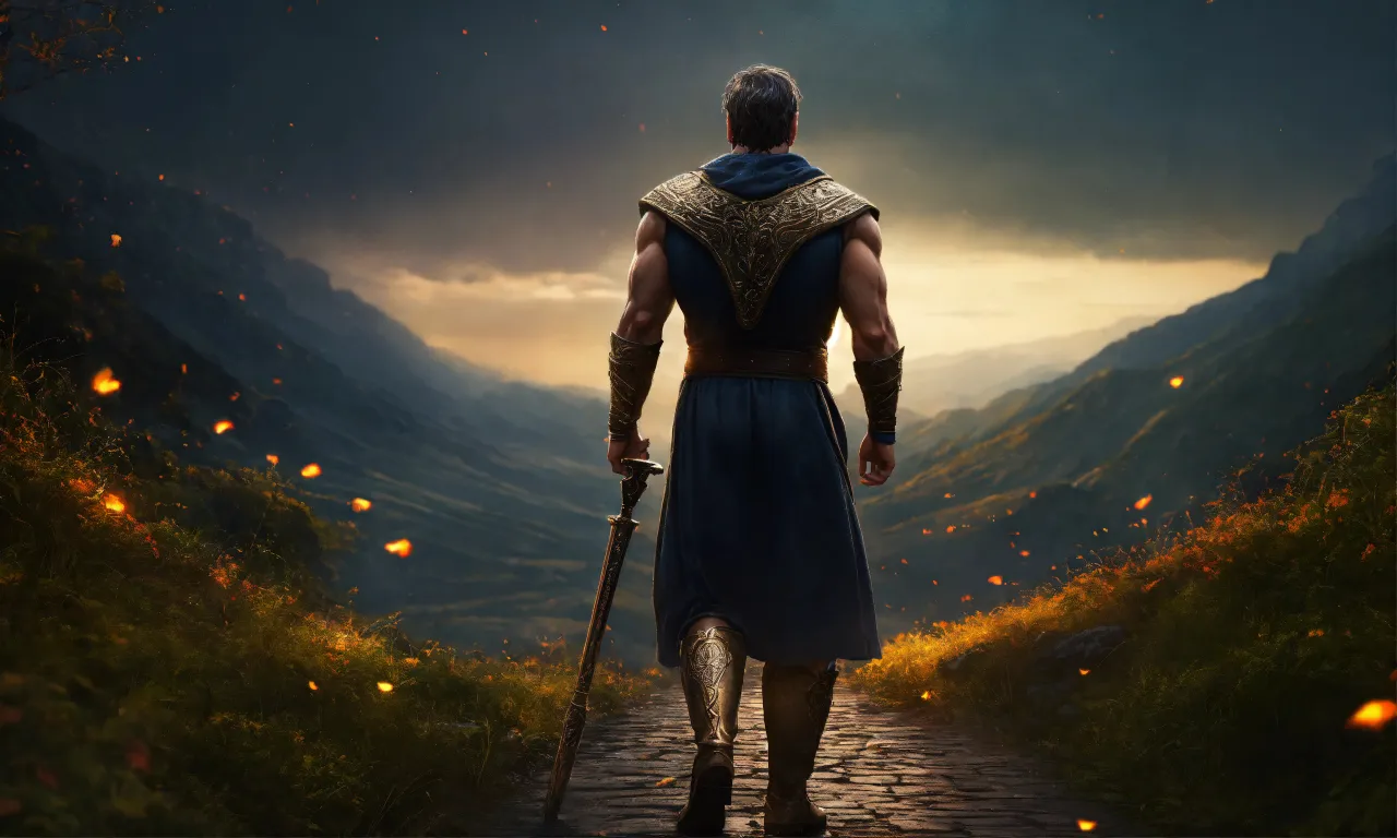 a man with a sword walking down a path