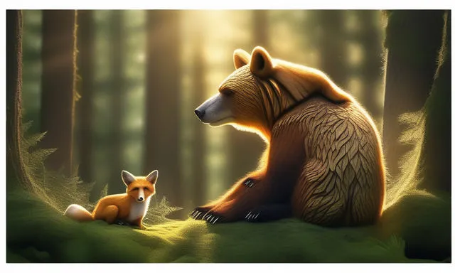 a painting of a bear and a fox in a forest 3d cartoon videos 