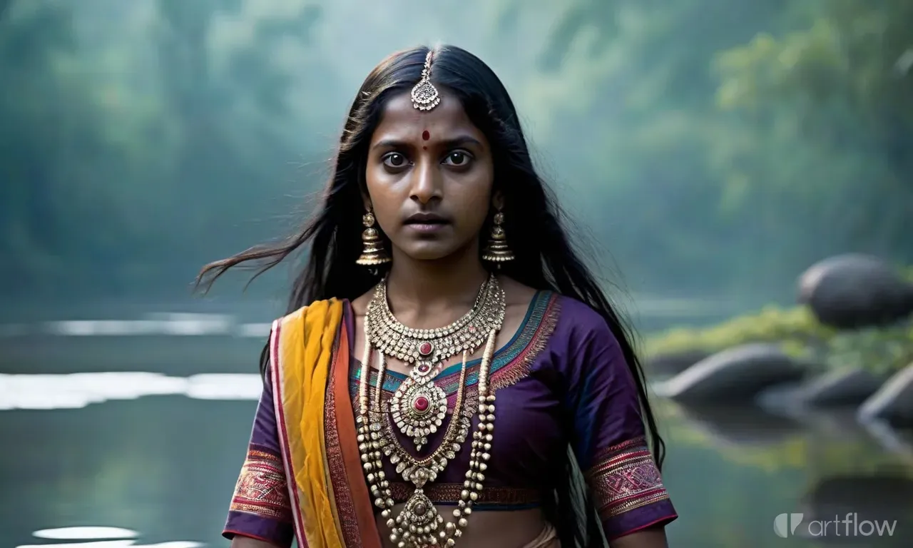 a woman in a sari standing in front of a body of water