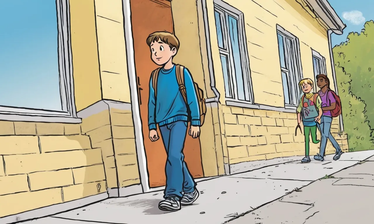 a cartoon of a boy standing in front of a door