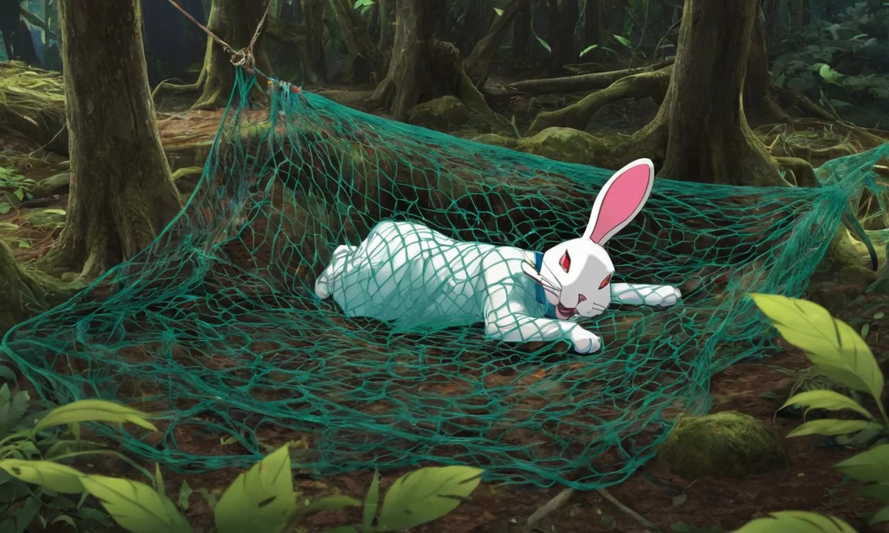 a white rabbit laying in a net in the woods