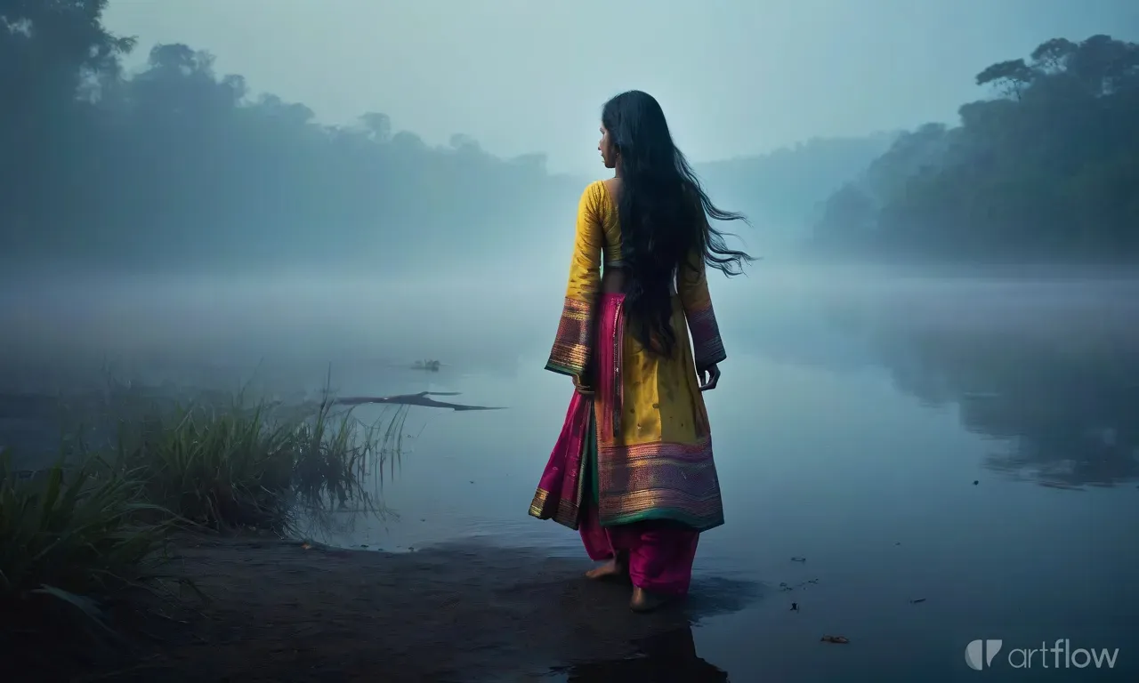 a woman in a yellow and pink outfit is standing in the water