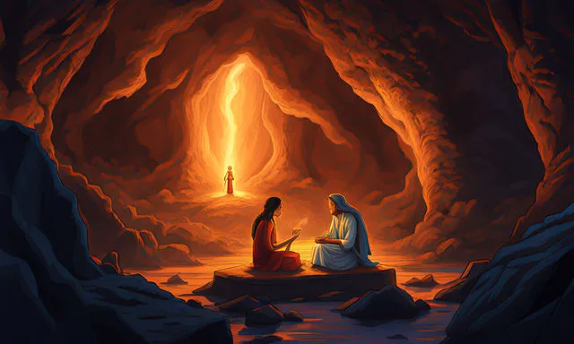 a painting of two people sitting in a cave