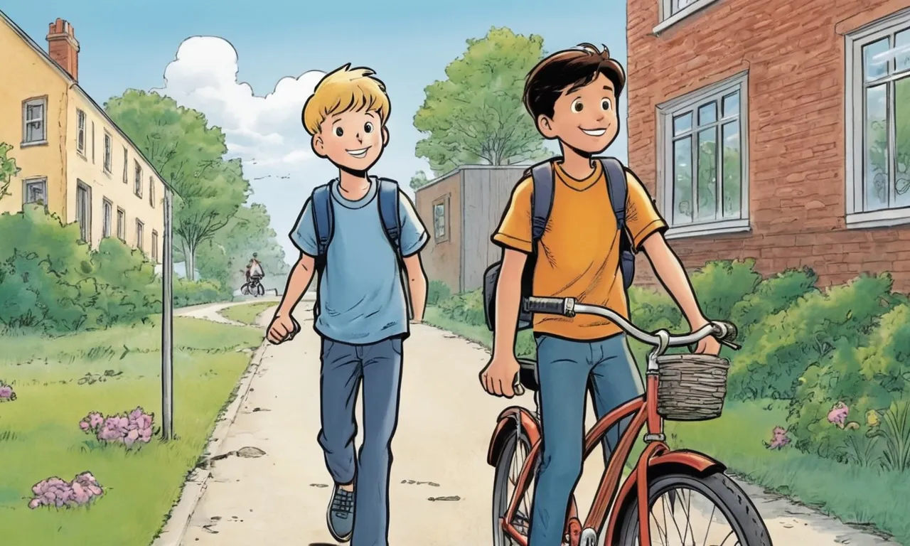 a boy and a girl walking down a sidewalk with a bike