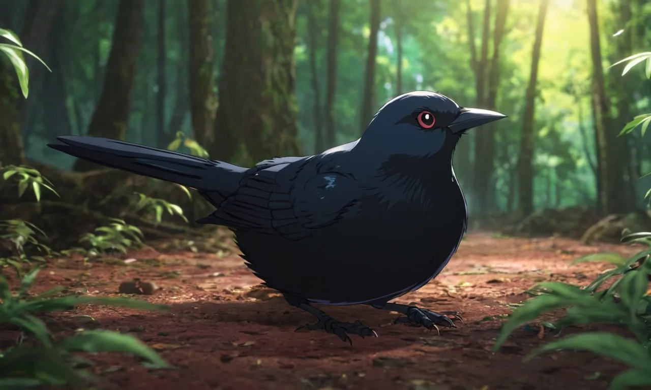 a black bird standing in the middle of a forest