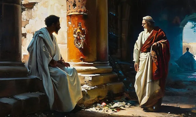 a painting of two men sitting on steps