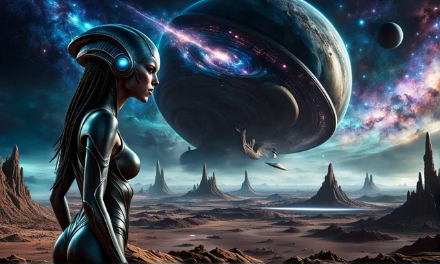 a woman standing in front of a space scene