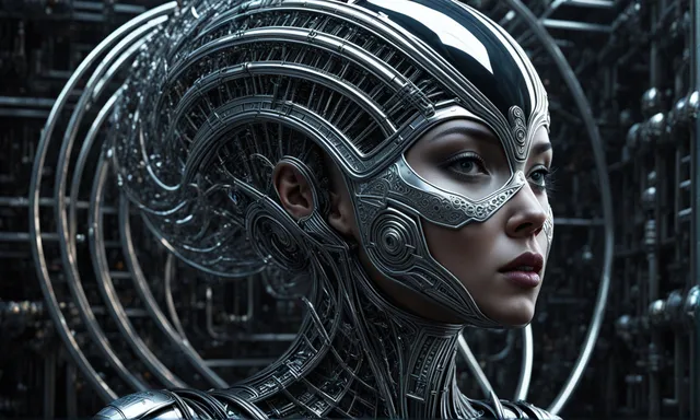 alien goddess made from a maze of living silver chrome biological enzyme tubes, with vents of living gasses escaping into the cosmic atmosphere, alien spacecraft flys past, highest level of intricate realistic cinematic photorealism details, 4K quality, dark sci-fi fantasy style