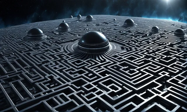 a large maze in the middle of a space filled with planets