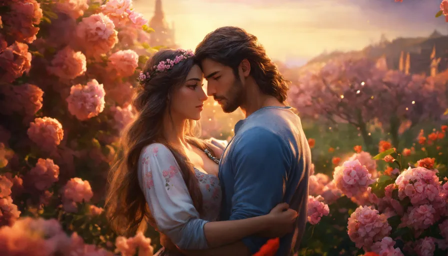 a man and a woman standing in a field of flowers