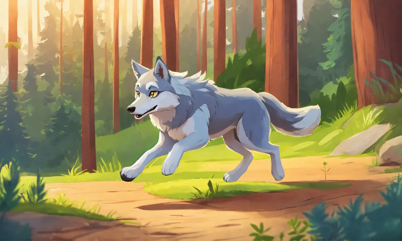 a wolf running through a forest on a sunny day