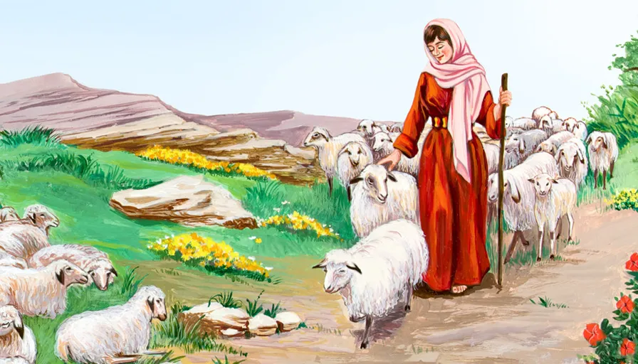 a painting of a woman leading a flock of sheep