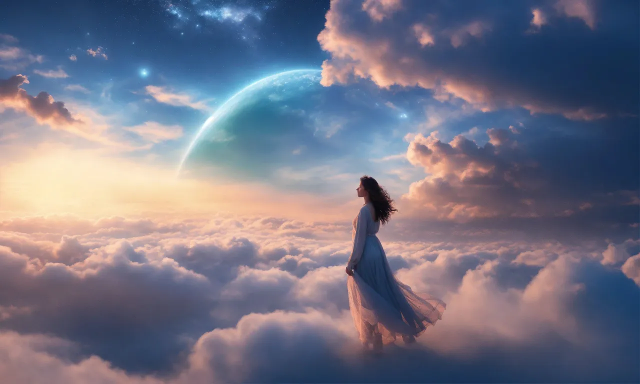 a woman in a white dress standing in the clouds