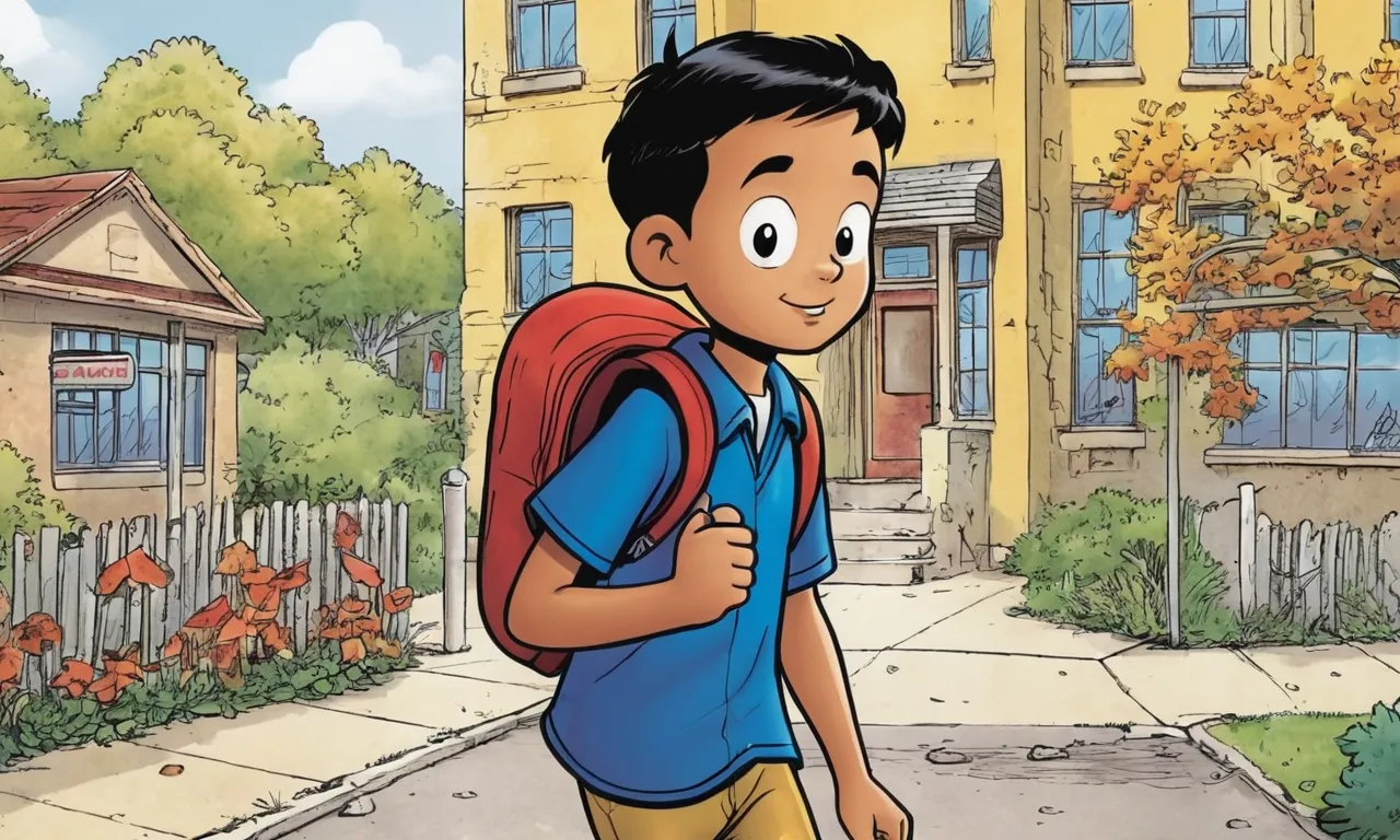 a boy with a backpack is walking down the street